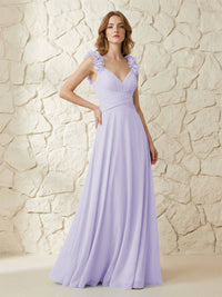 Chiffon V Neck Pleated Corset Bridesmaid Dresses with 3D Flower