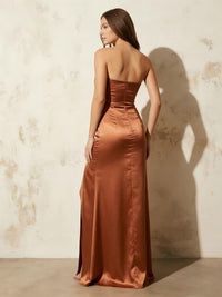 Satin Strapless Pleated Corset Bridesmaid Dresses with Slit