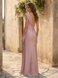 One Shoulder Satin Pleated Bridesmaid Dresses with Slit
