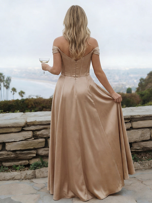 Satin A Line Off the Shoulder Long Bridesmaid Dresses