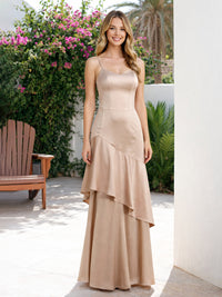 Satin A Line Sleeveless Long Bridesmaid Dresses
