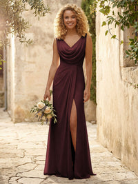 Cowl Neck Chiffon A Line Bridesmaid Dresses with Slit