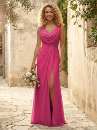 Cowl Neck Chiffon A Line Bridesmaid Dresses with Slit