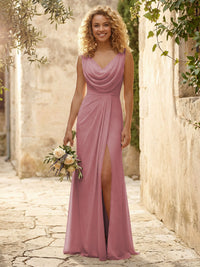 Cowl Neck Chiffon A Line Bridesmaid Dresses with Slit