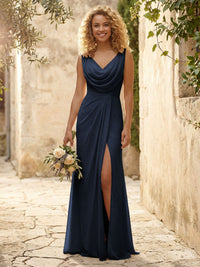 Cowl Neck Chiffon A Line Bridesmaid Dresses with Slit