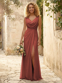 Cowl Neck Chiffon A Line Bridesmaid Dresses with Slit