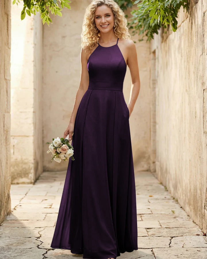 Halter Chiffon A Line Long Bridesmaid Dresses
