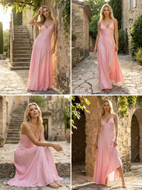 Satin Spaghetti Straps A Line V Neck Bridesmaid Dresses