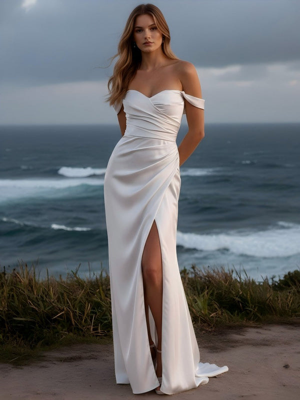 Sweetheart Off the Shoulder Pleated Mermaid Satin Bridesmaid Dresses with Slit