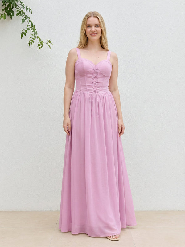 Chiffon A Line Spaghetti Straps Maxi Bridesmaid Dresses with Back Tie