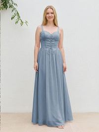 Chiffon A Line Spaghetti Straps Maxi Bridesmaid Dresses with Back Tie