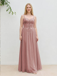 Chiffon A Line Spaghetti Straps Maxi Bridesmaid Dresses with Back Tie