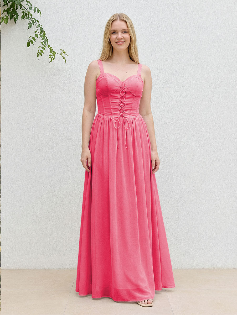 Chiffon A Line Spaghetti Straps Maxi Bridesmaid Dresses with Back Tie