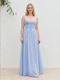 Chiffon A Line Spaghetti Straps Maxi Bridesmaid Dresses with Back Tie