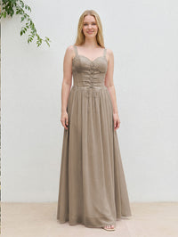 Chiffon A Line Spaghetti Straps Maxi Bridesmaid Dresses with Back Tie