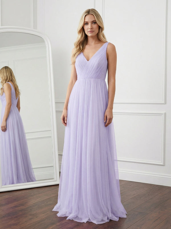 Tulle V Neck Maxi Long Bridesmaid Dresses with Backless Design