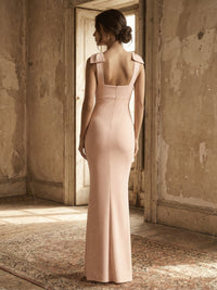Satin Square Neck Sheath Bridesmaid Dresses with Bows