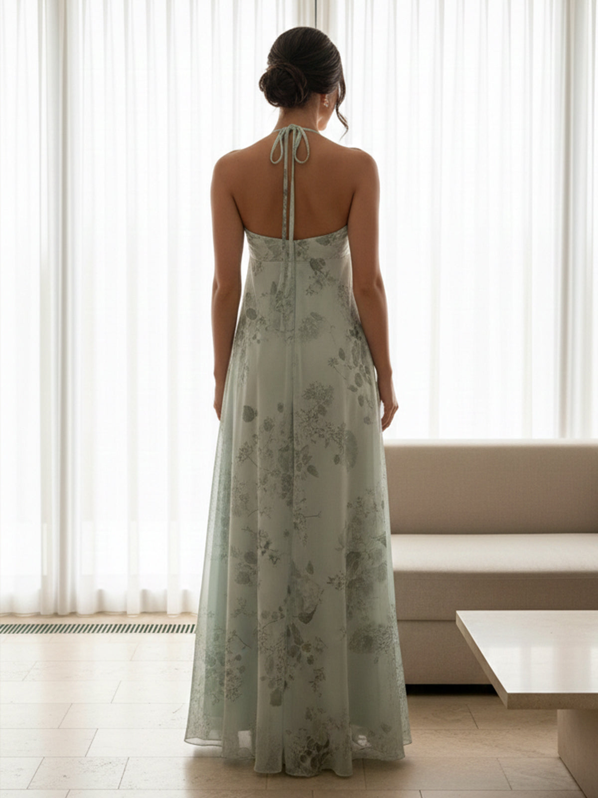 V Neck Spaghetti Straps A Line Floral Print Bridesmaid Dresses