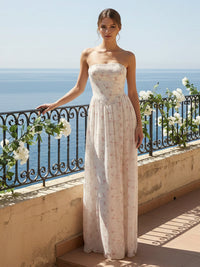 Strapless Pleated A Line Floral Print Bridesmaid Dresses