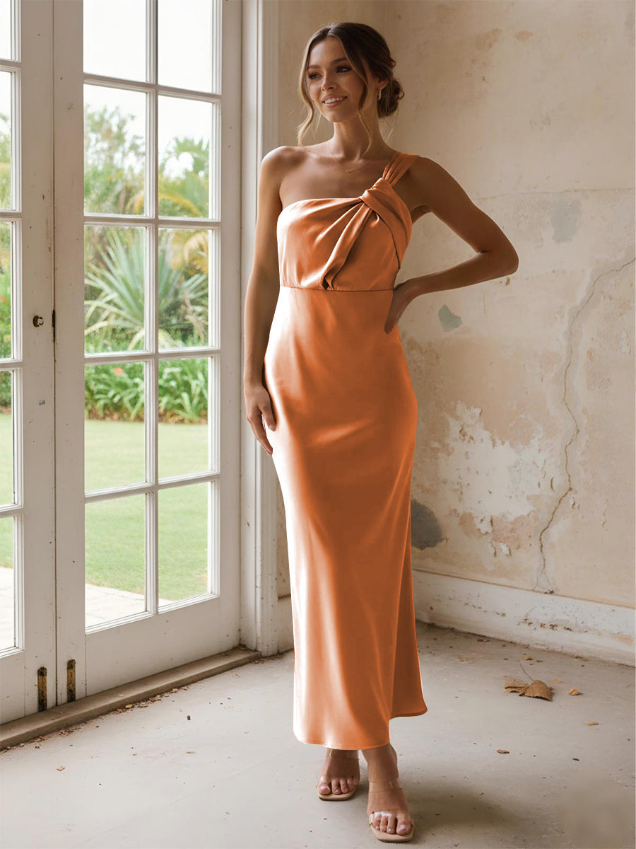 One Shoulder Pleated Satin Mermaid Bridesmaid Dresses