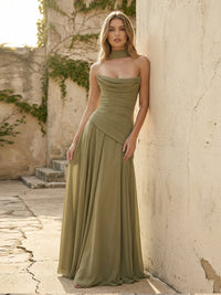Chiffon Strapless Pleated A Line Bridesmaid Dresses with Scarf