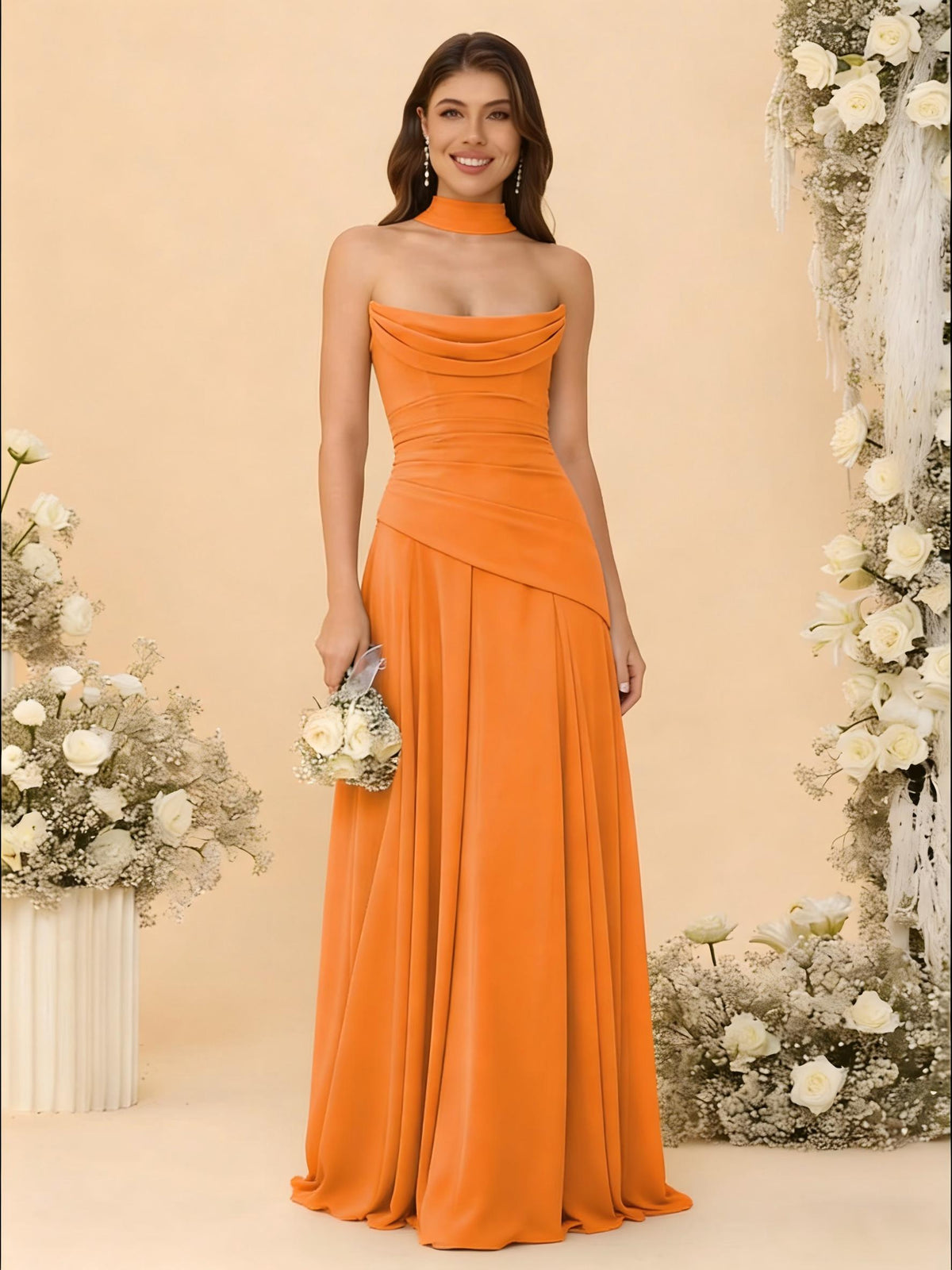 Chiffon Strapless Pleated A Line Bridesmaid Dresses with Scarf
