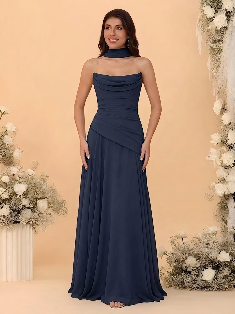 Chiffon Strapless Pleated A Line Bridesmaid Dresses with Scarf