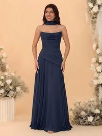 Chiffon Strapless Pleated A Line Bridesmaid Dresses with Scarf
