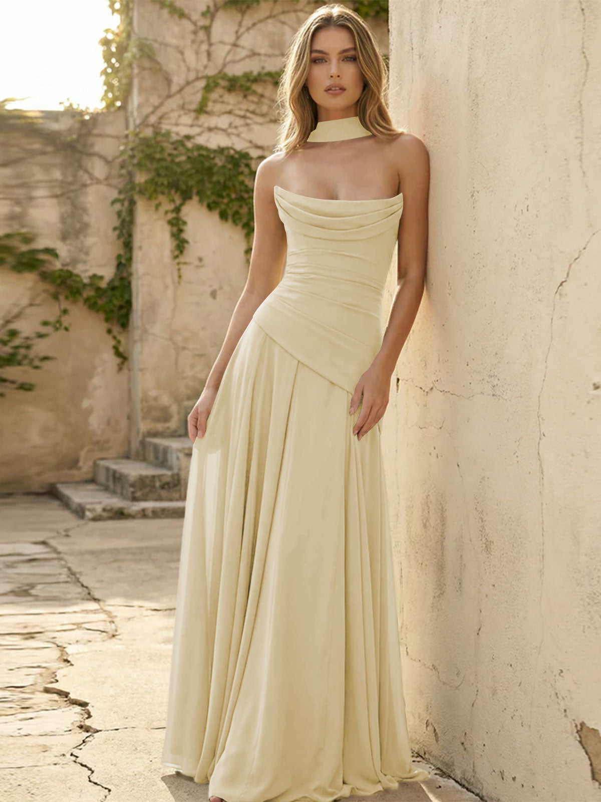 Shirees Silver Chiffon Strapless Pleated A Line Bridesmaid Dresses with Scarf 2026