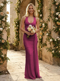 Stretch Mesh Halter Maxi Pleated Bridesmaid Dresses with Backless Design