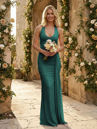 Stretch Mesh Halter Maxi Pleated Bridesmaid Dresses with Backless Design