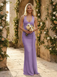Stretch Mesh Halter Maxi Pleated Bridesmaid Dresses with Backless Design