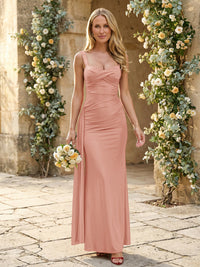 Satin Square Neck Mermaid Maxi Bridesmaid Dresses with Pleats