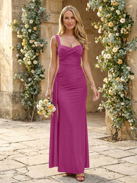 Satin Square Neck Mermaid Maxi Bridesmaid Dresses with Pleats