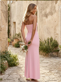 Stretch Mesh Strapless Pleated Mermaid Maxi Bridesmaid Dresses with Slit