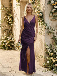 Chiffon Spaghetti Straps Pleated Mermaid Maxi Bridesmaid Dresses with Slit