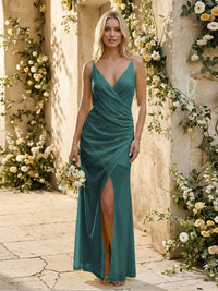 Chiffon Spaghetti Straps Pleated Mermaid Maxi Bridesmaid Dresses with Slit
