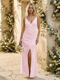 Chiffon Spaghetti Straps Pleated Mermaid Maxi Bridesmaid Dresses with Slit