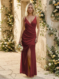 Chiffon Spaghetti Straps Pleated Mermaid Maxi Bridesmaid Dresses with Slit