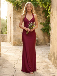 Satin Halter Sheath V Neck Long Bridesmaid Dresses
