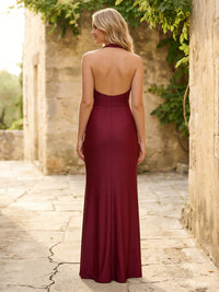 Satin Halter Sheath V Neck Long Bridesmaid Dresses
