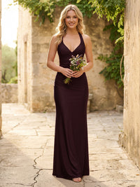 Satin Halter Sheath V Neck Long Bridesmaid Dresses
