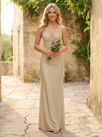 Satin Halter Sheath V Neck Long Bridesmaid Dresses