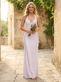 Satin Halter Sheath V Neck Long Bridesmaid Dresses