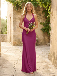 Satin Halter Sheath V Neck Long Bridesmaid Dresses