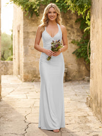 Satin Halter Sheath V Neck Long Bridesmaid Dresses