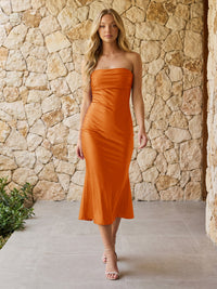 Satin Strapless Pleats Tea Length Bridesmaid Dresses