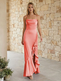Satin Spaghetti Straps Mermaid Ruffles Bridesmaid Dresses