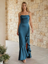 Satin Spaghetti Straps Mermaid Ruffles Bridesmaid Dresses