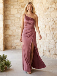 Satin One Shoulder Pleats Bridesmaid Dresses with Slit